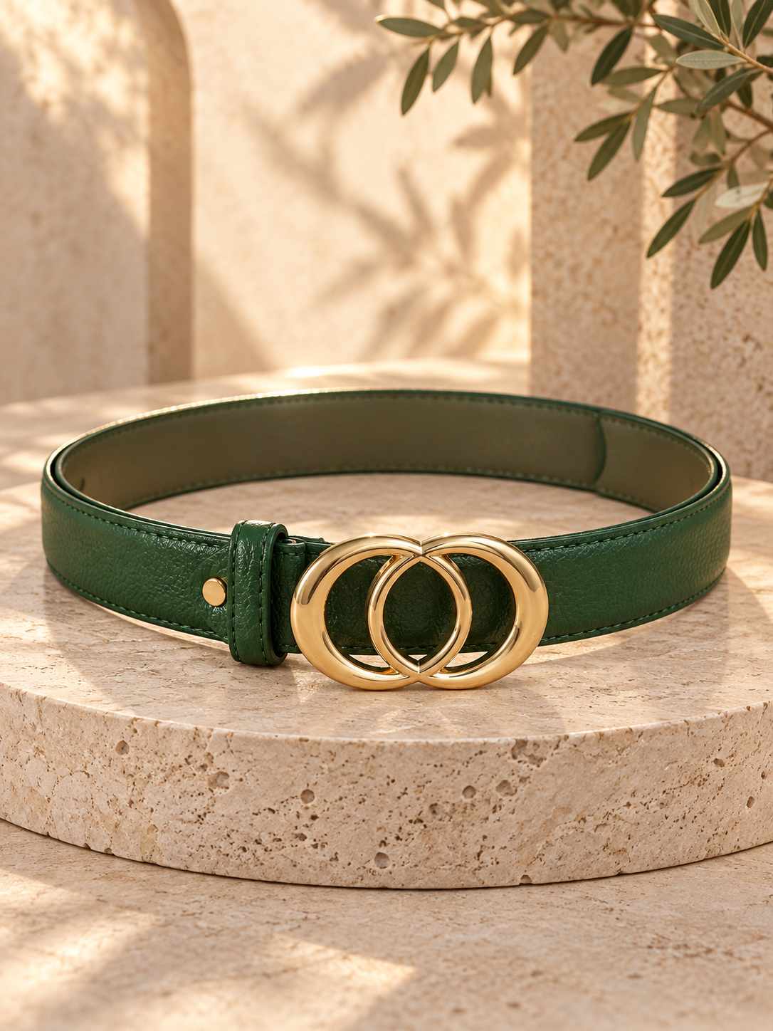 Ceinture femme tendance – Effet cuir vert sapin – Double boucle ronde