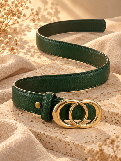 Ceinture femme tendance – Effet cuir vert sapin – Double boucle ronde