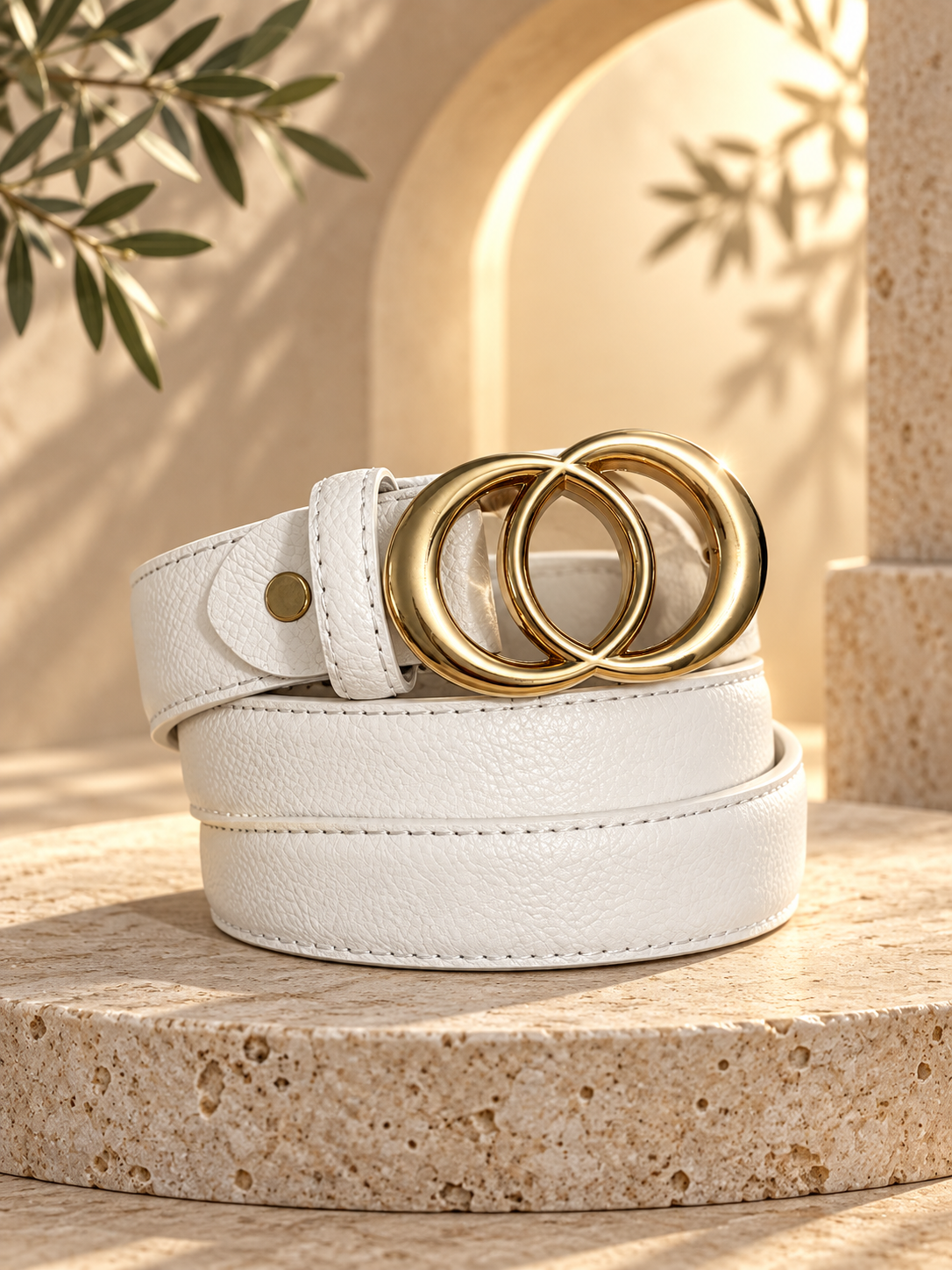Ceinture femme tendance – Effet cuir blanc cassé – Double boucle ronde