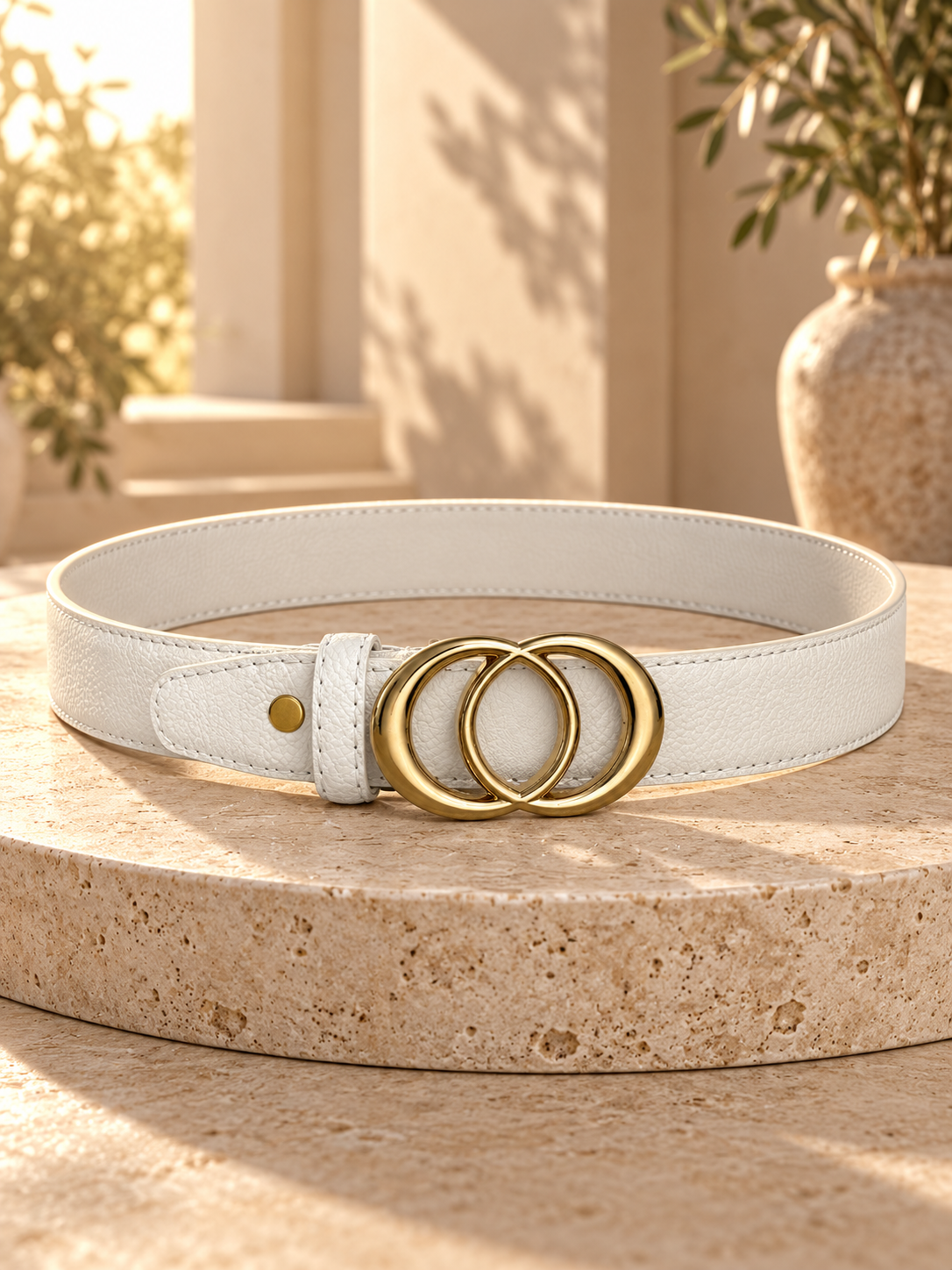 Ceinture femme tendance – Effet cuir blanc cassé – Double boucle ronde