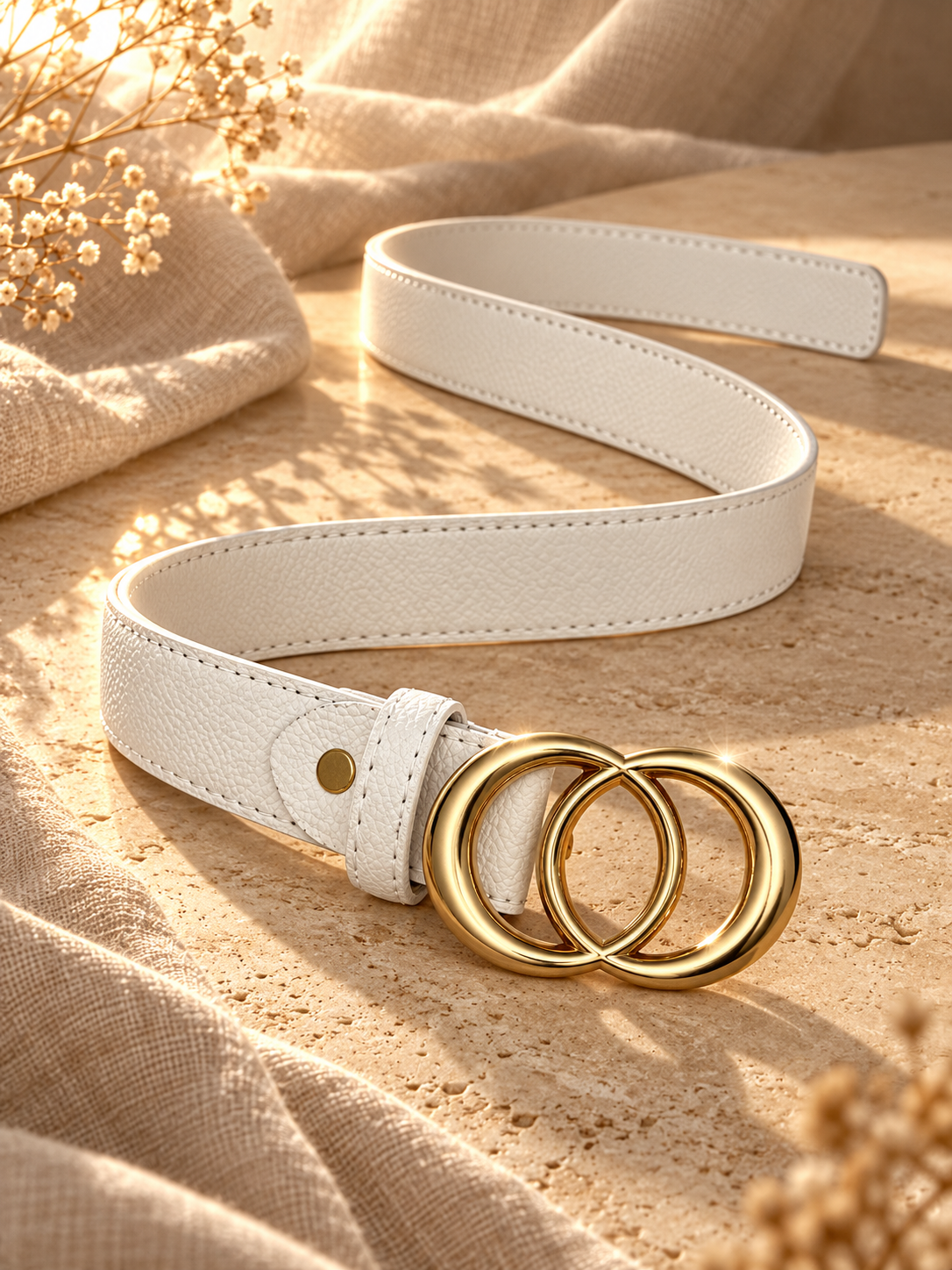 Ceinture femme tendance – Effet cuir blanc cassé – Double boucle ronde