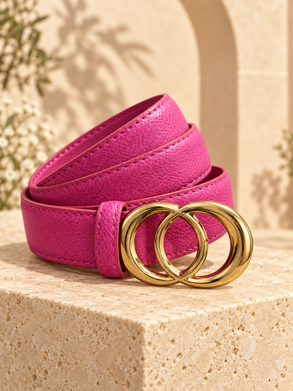 Ceinture femme tendance – Effet cuir rose fuchsia – Double boucle ronde