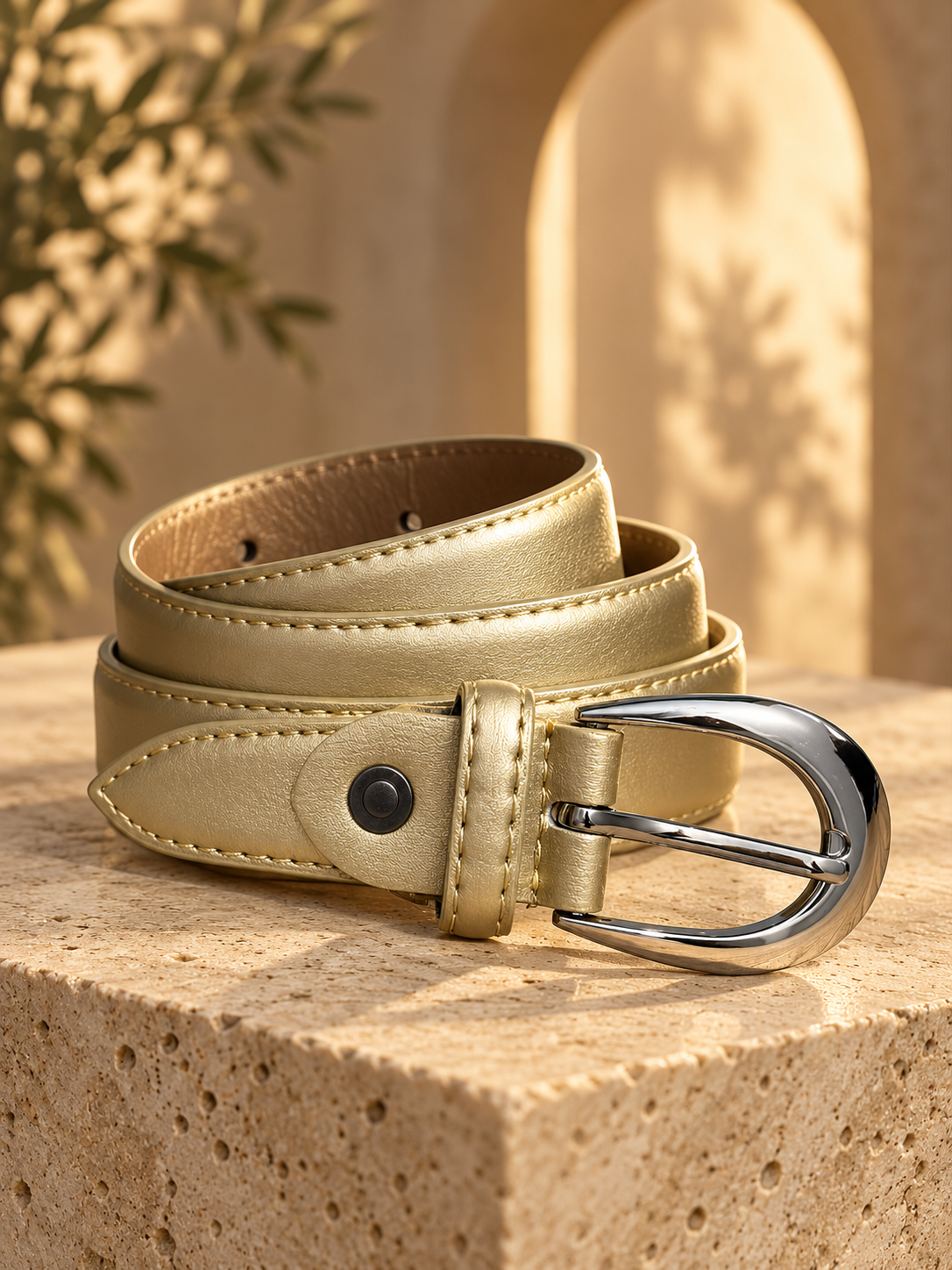Ceinture femme tendance – Effet cuir doré – Boucle argentée