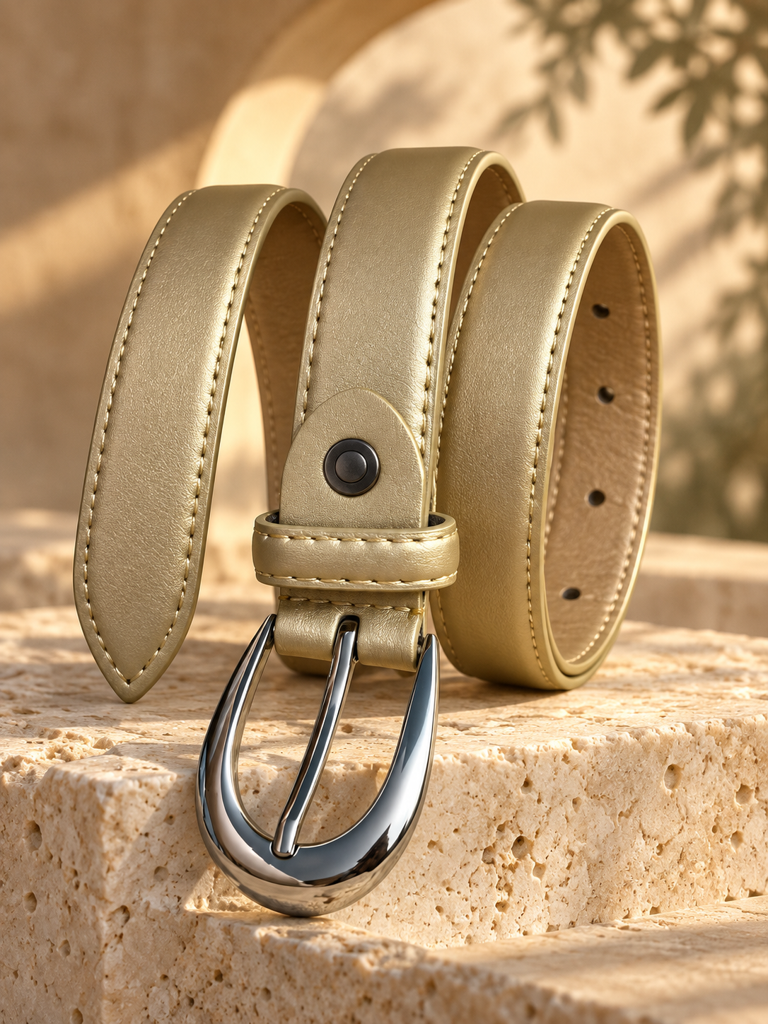 Ceinture femme tendance – Effet cuir doré – Boucle argentée