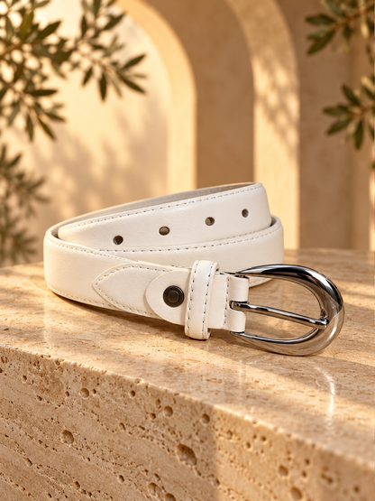 Ceinture femme tendance – Effet cuir blanc – Boucle argentée