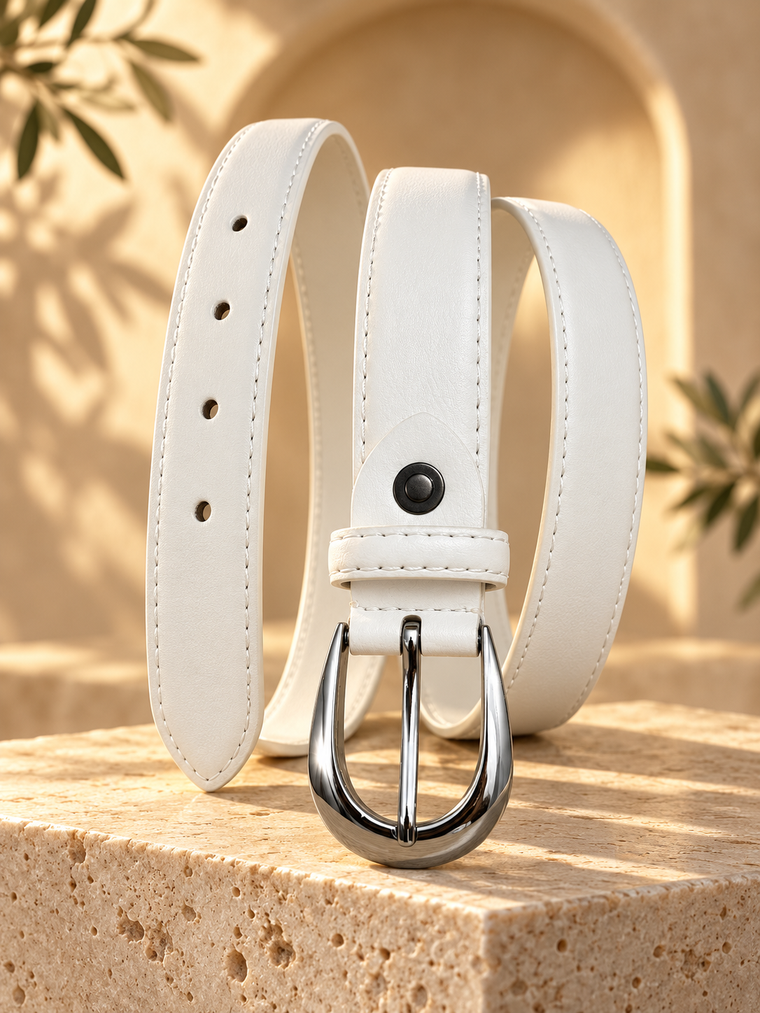 Ceinture femme tendance – Effet cuir blanc – Boucle argentée