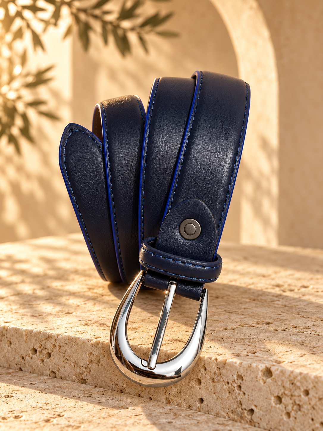 Ceinture femme tendance – Effet cuir bleu marine – Boucle argentée
