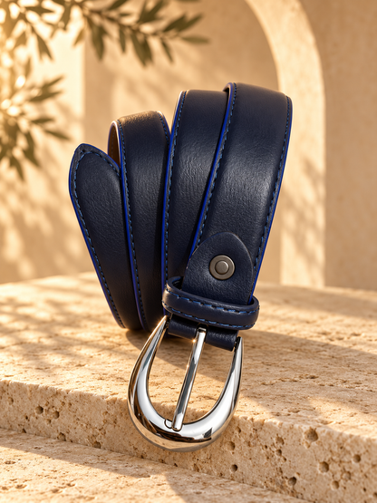 Ceinture femme tendance – Effet cuir bleu marine – Boucle argentée