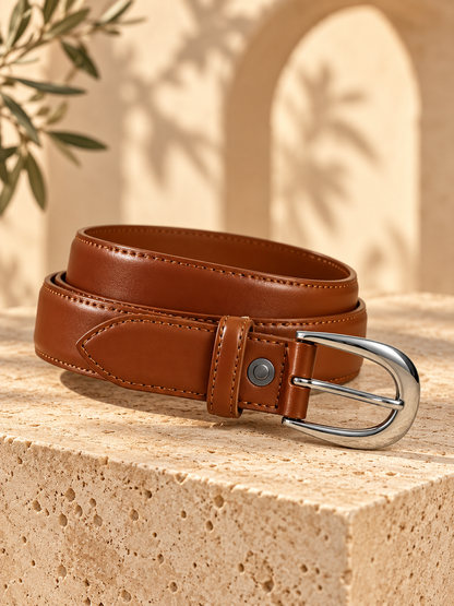 Ceinture femme tendance – Effet cuir marron – Boucle argentée