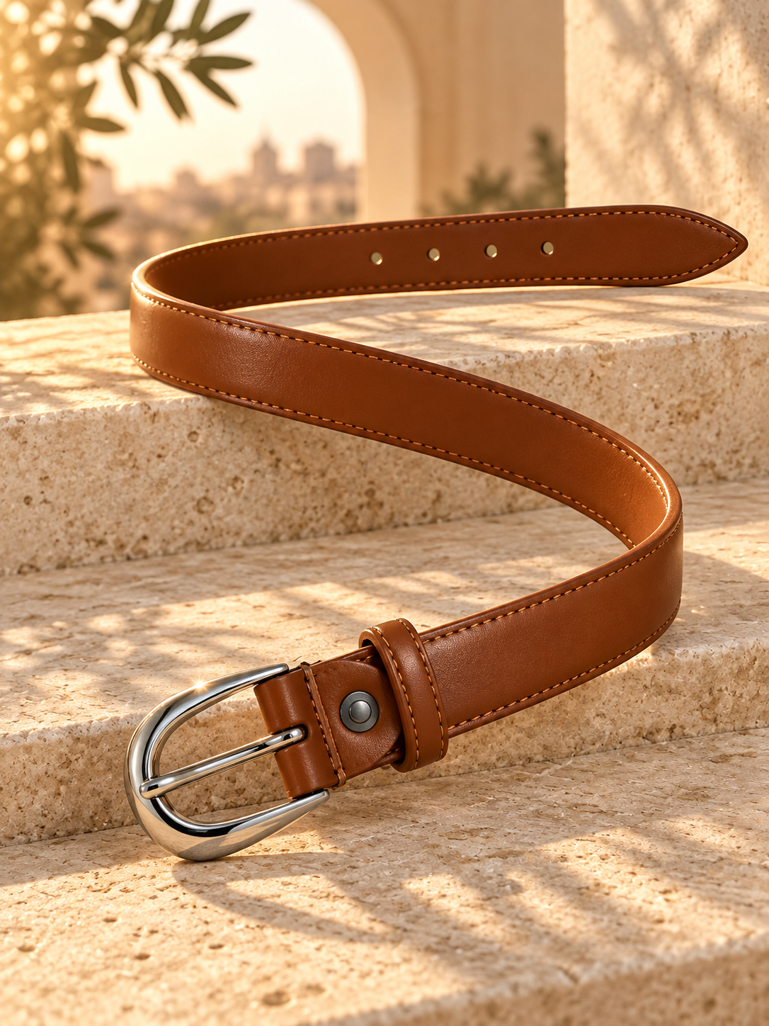 Ceinture femme tendance – Effet cuir marron – Boucle argentée