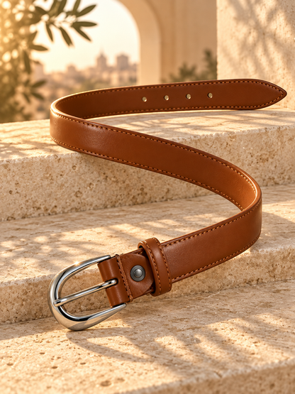Ceinture femme tendance – Effet cuir marron – Boucle argentée