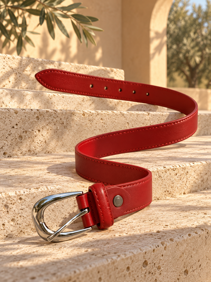 Ceinture femme tendance – Effet cuir rouge grenat – Boucle argentée