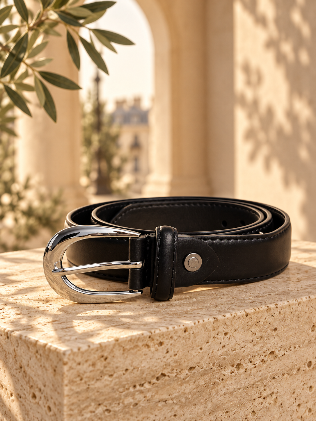 Ceinture femme tendance – Effet cuir noir – Boucle argentée