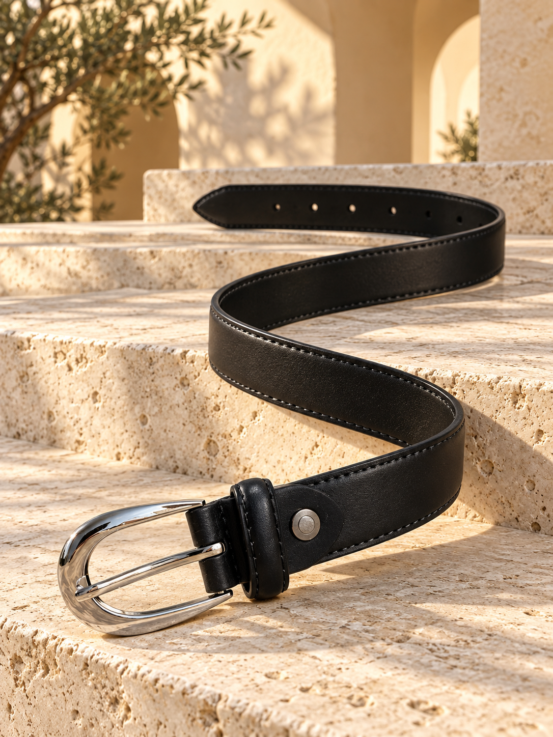 Ceinture femme tendance – Effet cuir noir – Boucle argentée