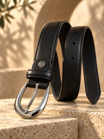 Ceinture femme tendance – Effet cuir noir – Boucle argentée