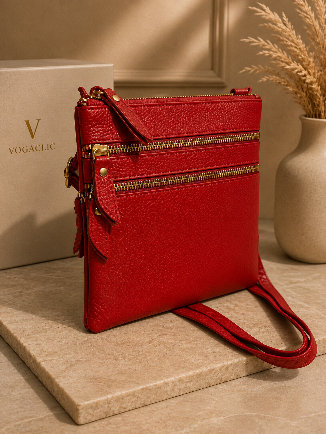 Sac pochette femme en cuir rouge
