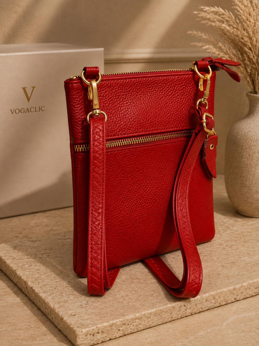 Sac pochette femme en cuir rouge