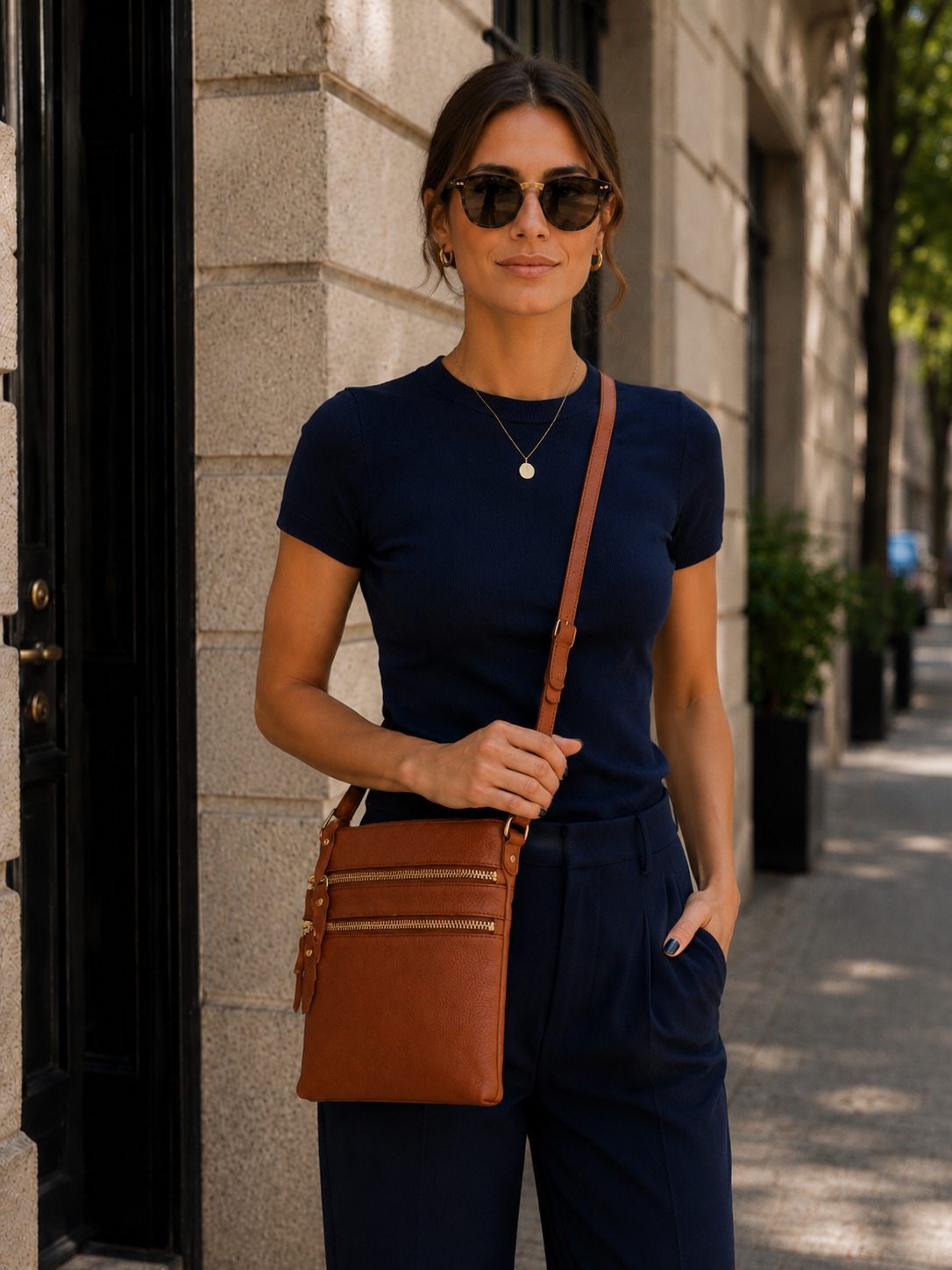 Sac pochette femme en cuir marron cognac