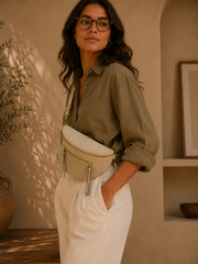 Grand Sac Banane Femme en Velours Côtelé – Bandoulière Ajustable Beige grisé