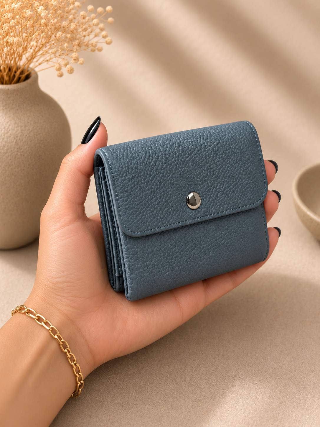 Porte-monnaie femme tendance en cuir grainé bleu canard