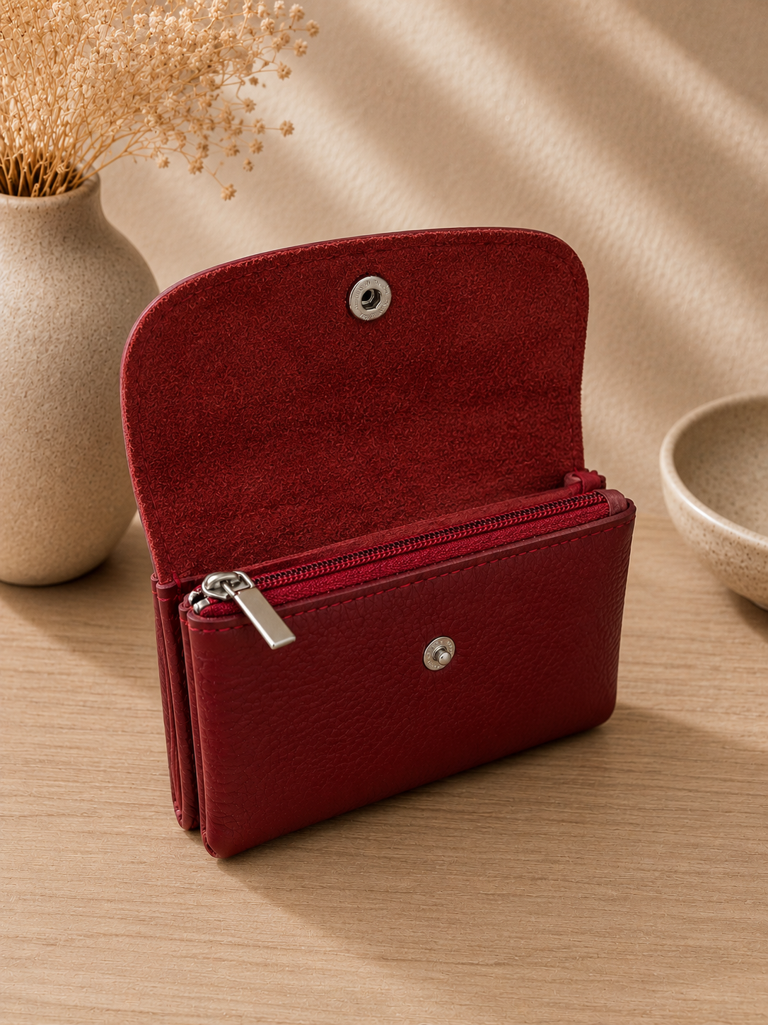 Porte-monnaie femme tendance en cuir grainé rouge bordeaux