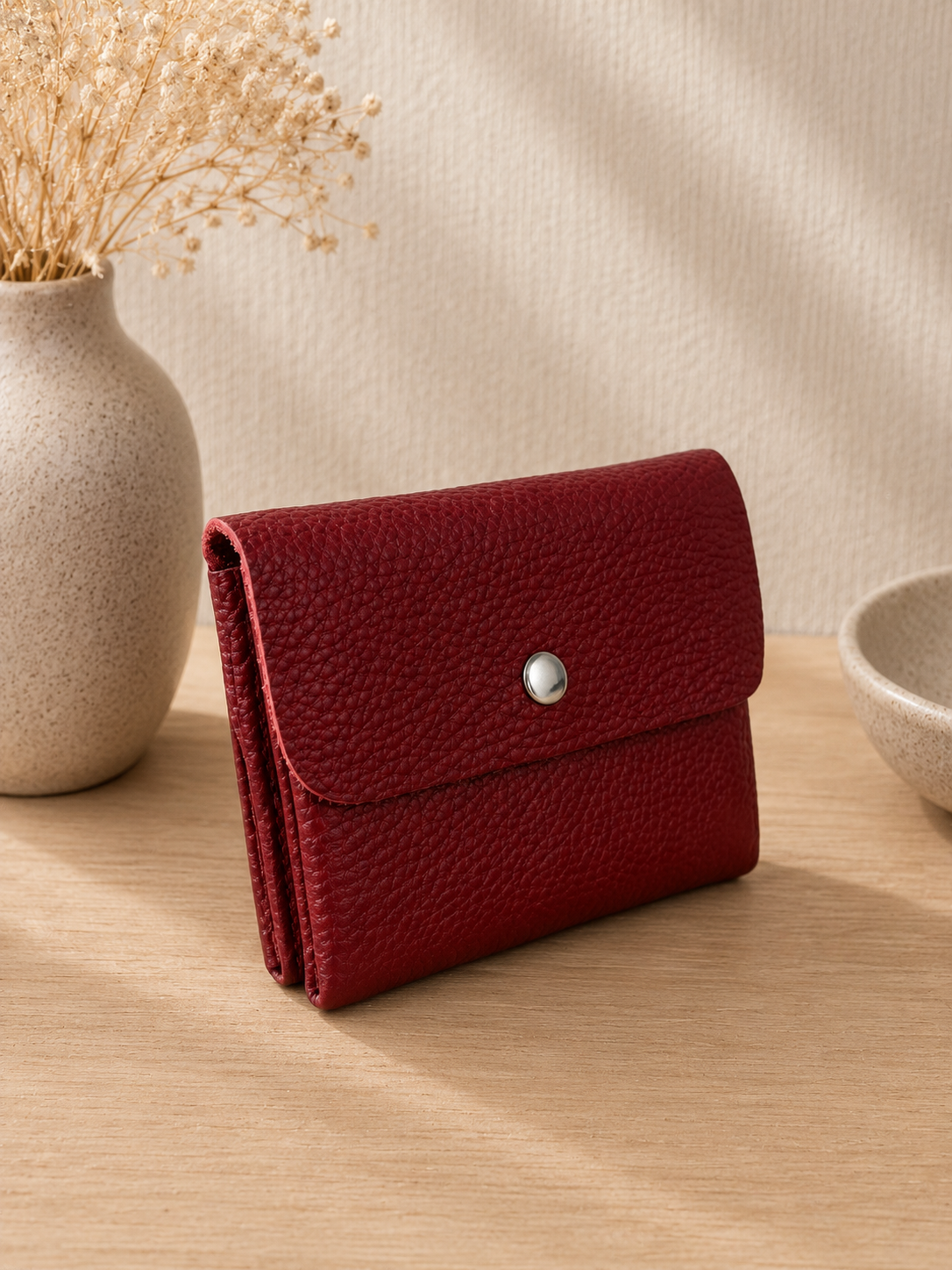 Porte-monnaie femme tendance en cuir grainé rouge bordeaux