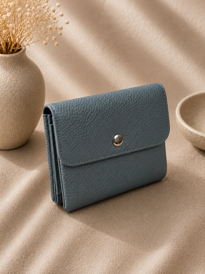 Porte-monnaie femme tendance en cuir grainé bleu canard
