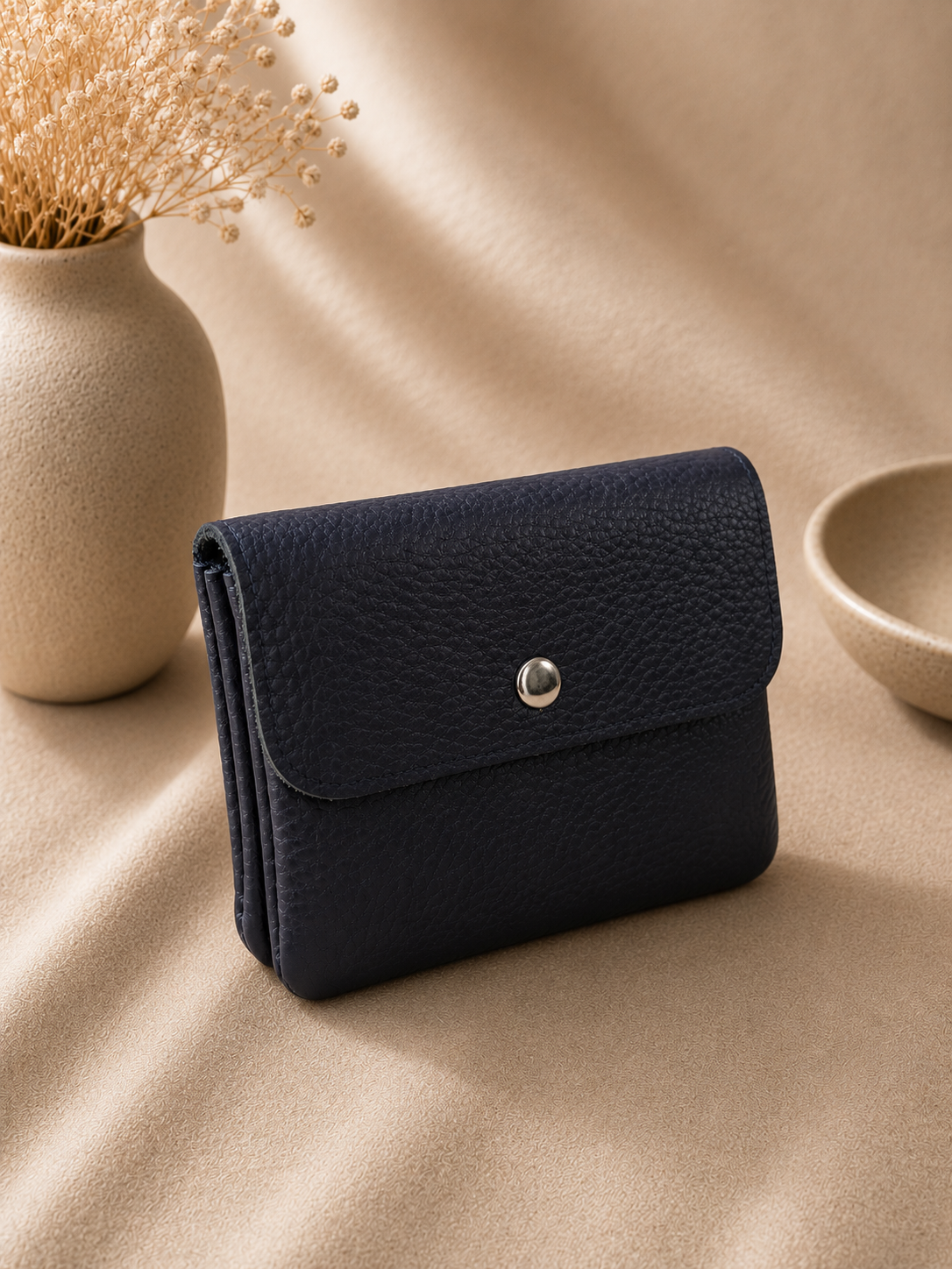 Porte-monnaie femme tendance en cuir grainé bleu marine