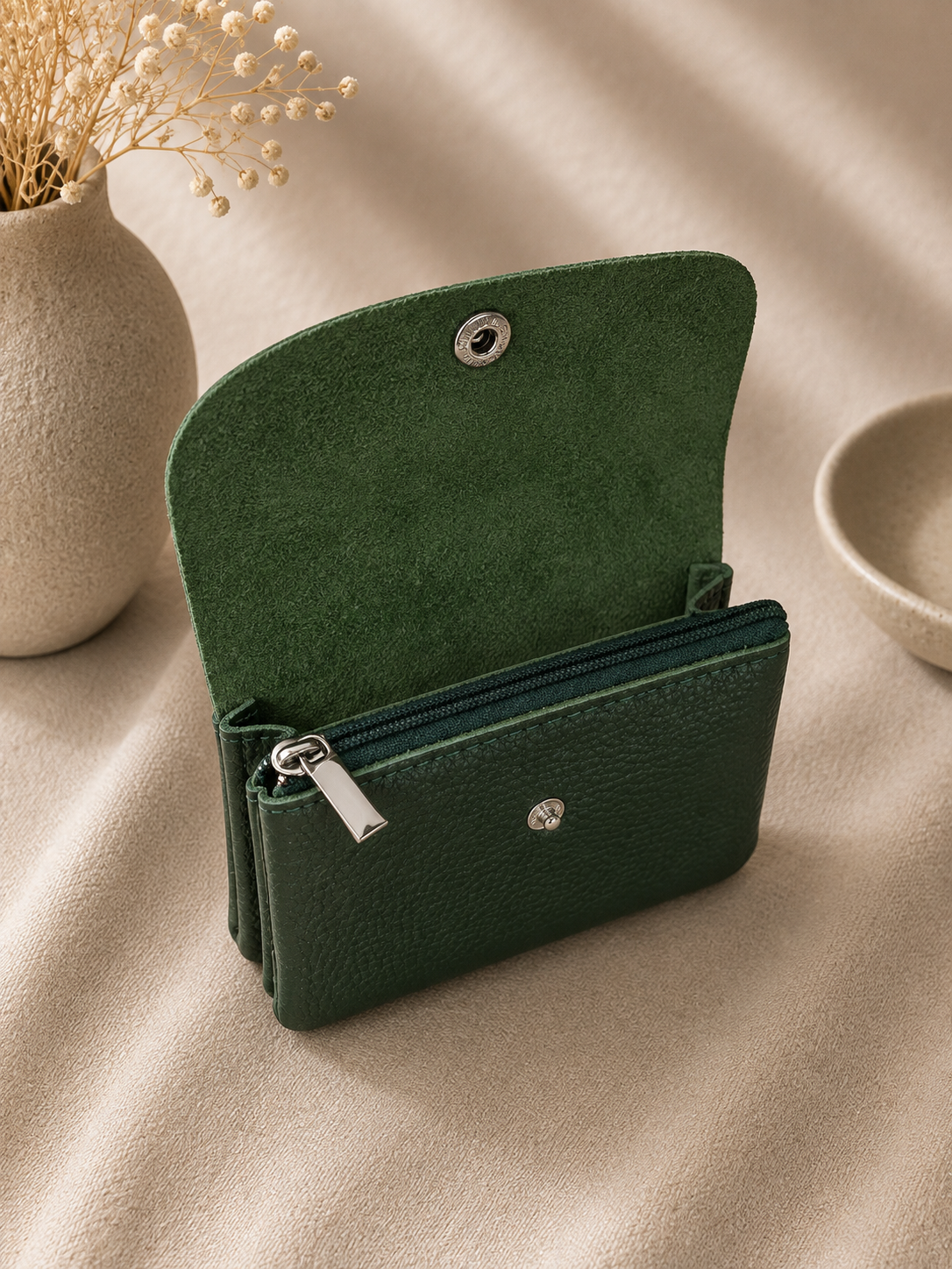 Porte-monnaie femme tendance en cuir grainé vert sapin