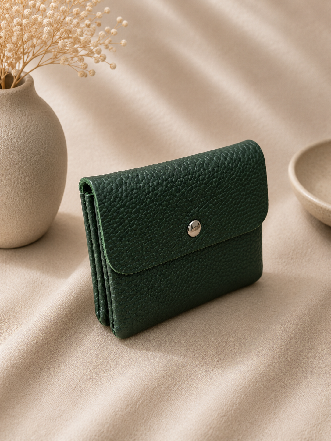 Porte-monnaie femme tendance en cuir grainé vert sapin