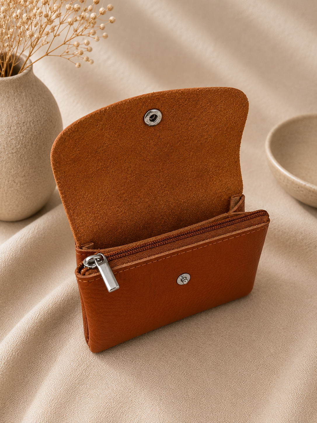 Porte-monnaie femme tendance en cuir grainé marron cognac