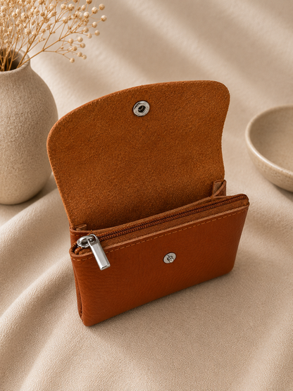 Porte-monnaie femme tendance en cuir grainé marron cognac