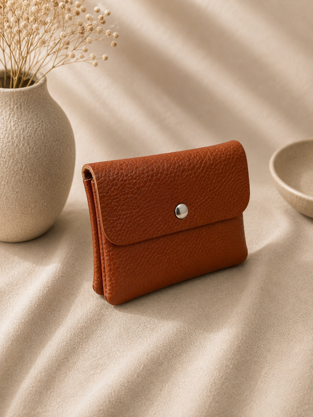 Porte-monnaie femme tendance en cuir grainé marron cognac