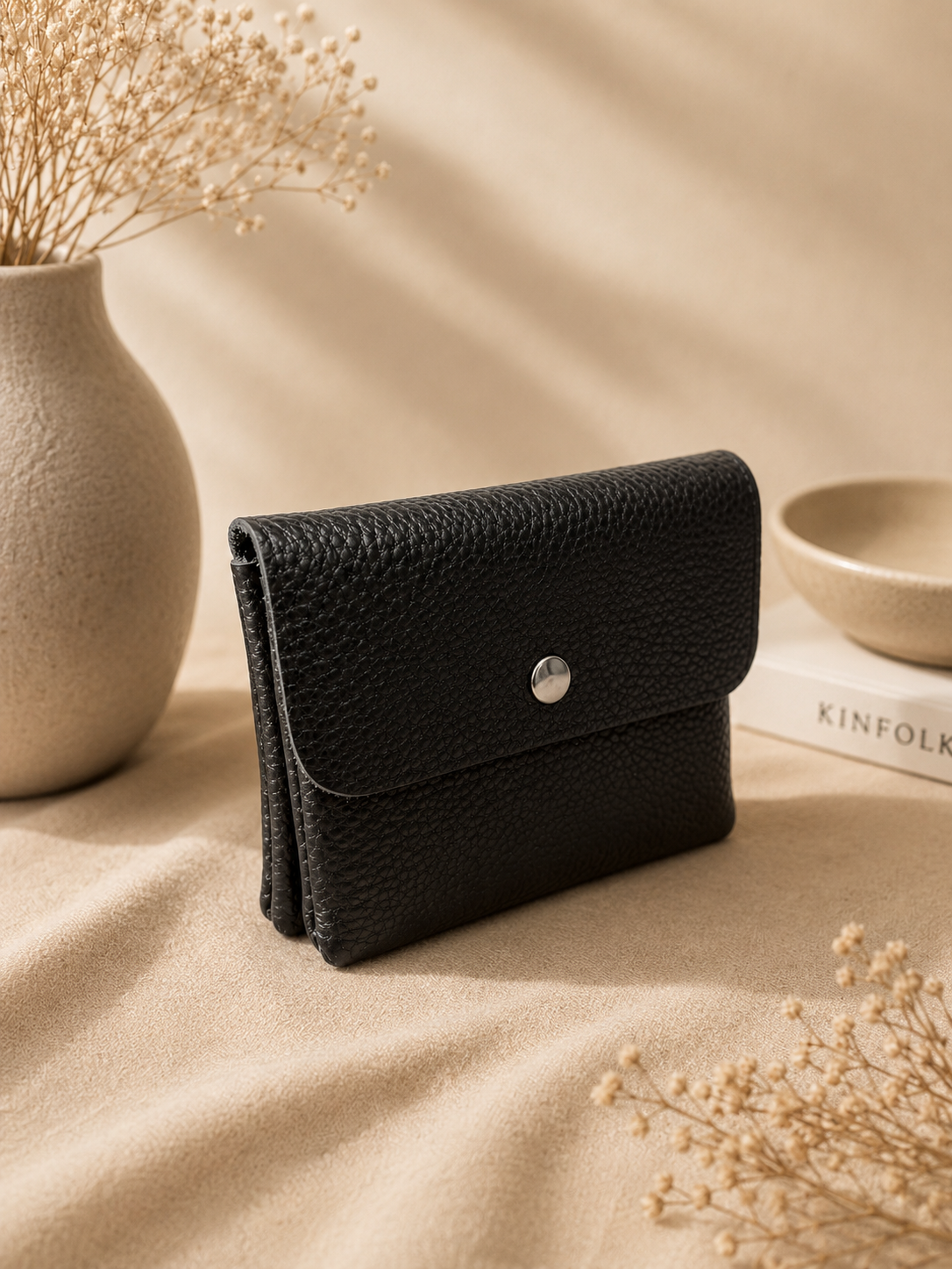 Porte-monnaie femme tendance en cuir grainé noir