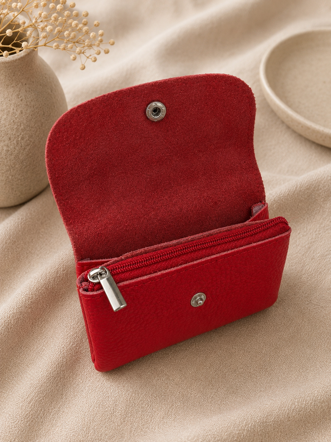 Porte-monnaie femme tendance en cuir grainé rouge