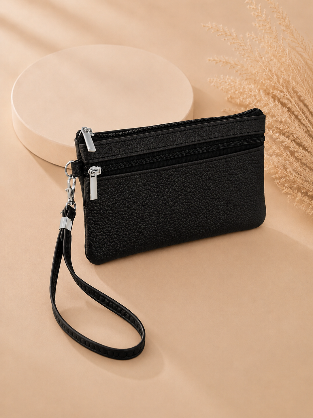 Porte-monnaie femme en cuir grainé noir