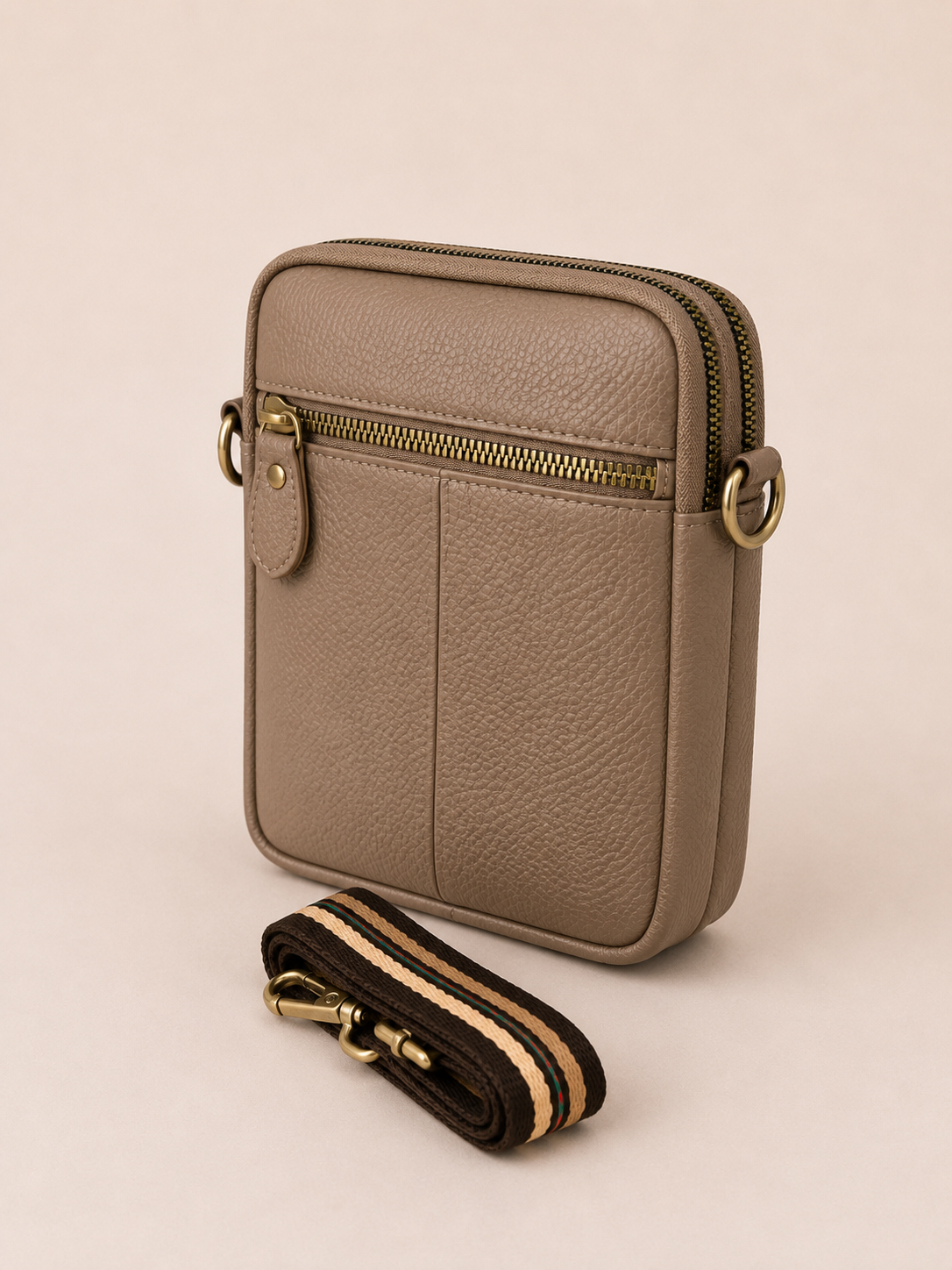Sac téléphone femme en cuir beige taupe
