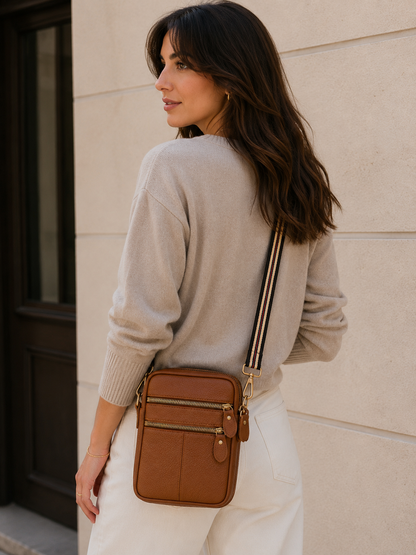 Sac téléphone femme en cuir marron camel