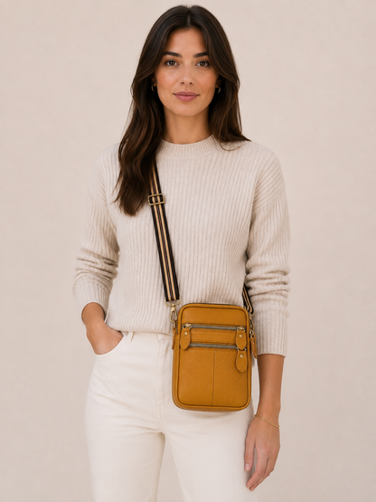 Sac téléphone femme en cuir marron camel