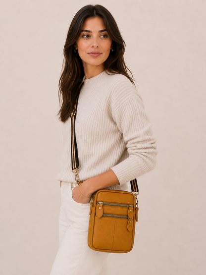 Sac téléphone femme en cuir marron camel