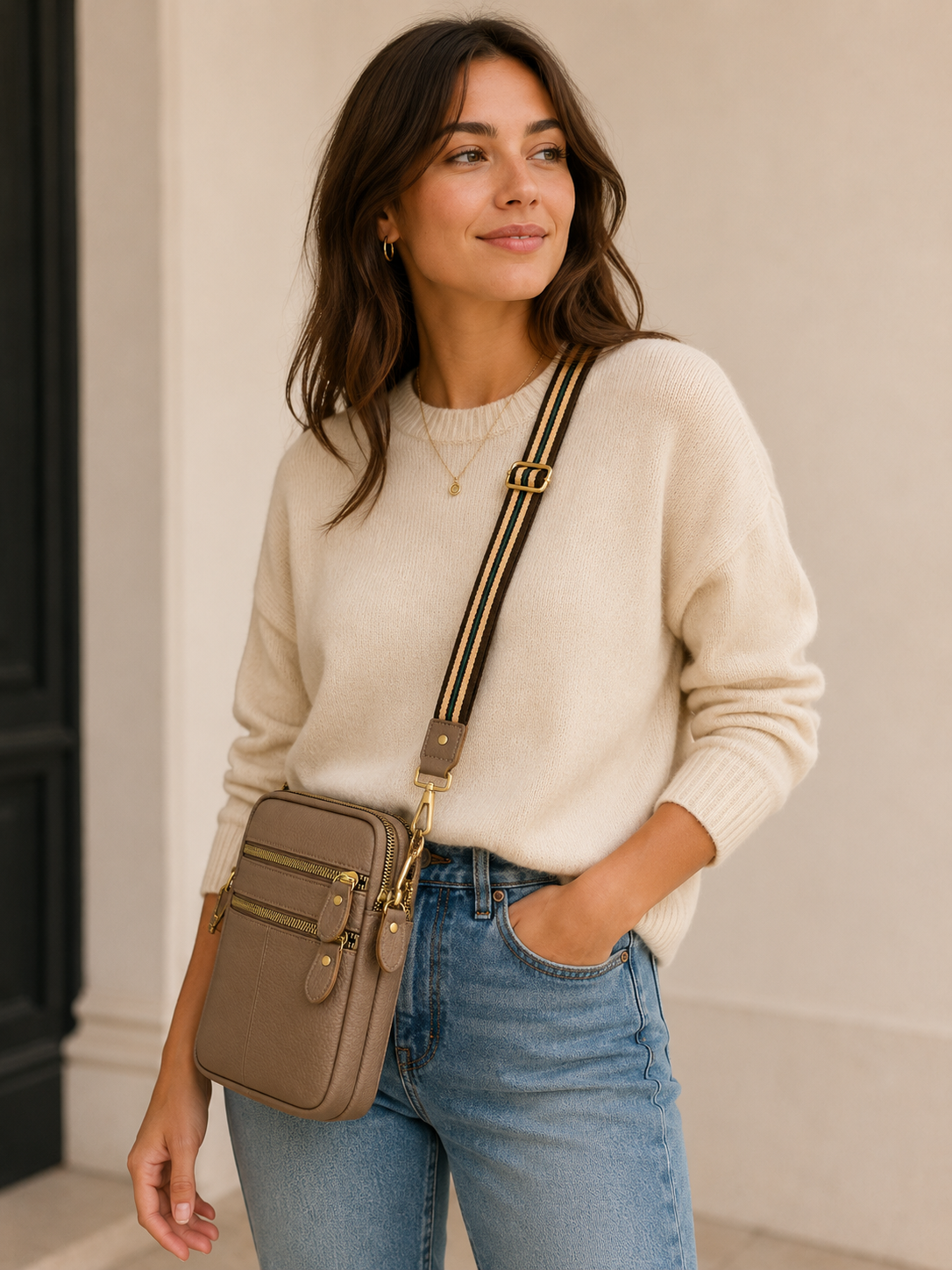 Sac téléphone femme en cuir beige taupe