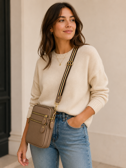 Sac téléphone femme en cuir beige taupe
