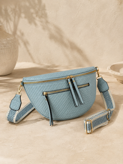 Sac banane femme XL en cuir tressé bleu glacier – Porte-monnaie assorti – Bandoulière interchangeable
