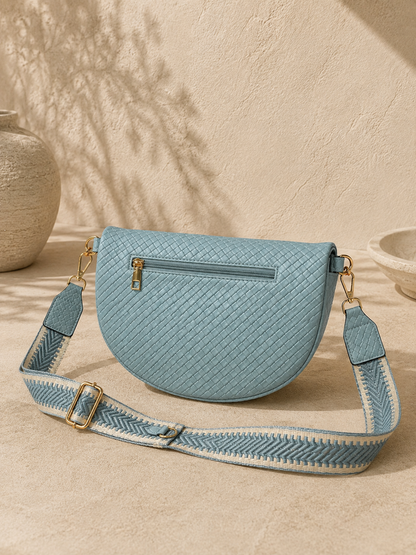 Sac banane femme XL en cuir tressé bleu glacier – Porte-monnaie assorti – Bandoulière interchangeable