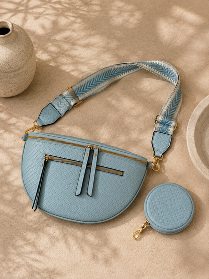 Sac banane femme XL en cuir tressé bleu glacier – Porte-monnaie assorti – Bandoulière interchangeable