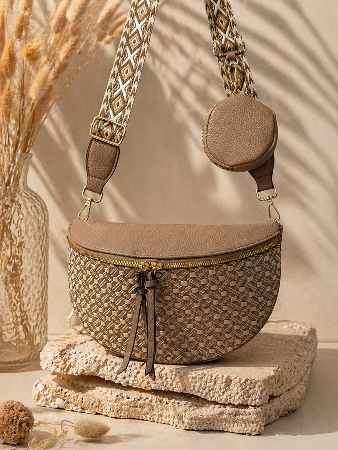 Grand sac banane femme beige style paille Bandoulière large - Porte-monnaie inclus