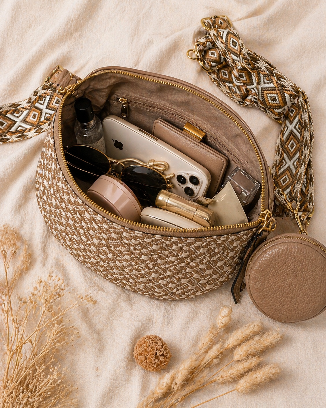Grand sac banane femme beige style paille Bandoulière large - Porte-monnaie inclus