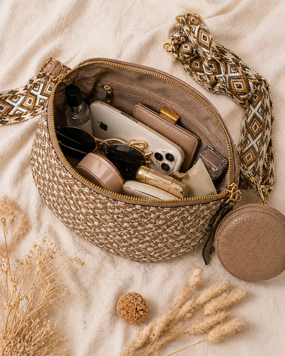 Grand sac banane femme beige style paille Bandoulière large - Porte-monnaie inclus
