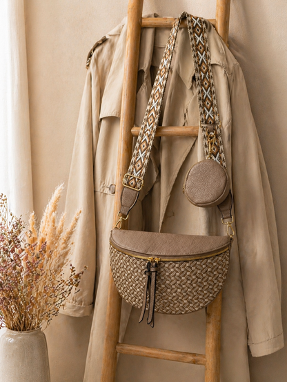 Grand sac banane femme beige style paille Bandoulière large - Porte-monnaie inclus