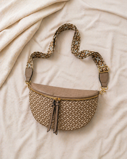 Grand sac banane femme beige style paille Bandoulière large - Porte-monnaie inclus